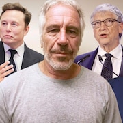 Un montage photo de Jeffrey Epstein entouré de personnalités politiques influentes comme Donald Trump et Bill Clinton.