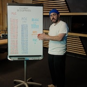 Le journaliste Gali Bonin de l'&eacute;quipe de Rad pr&eacute;sente la r&eacute;partition des si&egrave;ges &agrave; la Chambre des communes.