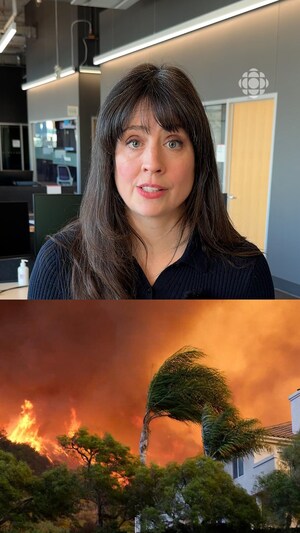 La journaliste Pasquale Harrison-Julien et une vidéo des feux dévastateurs de Los Angeles, en Californie.