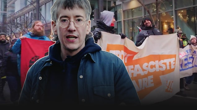 Le journaliste Olivier Arbour-Masse est devant des manifestants antifascistes.