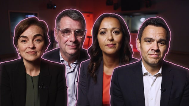 Christine Fréchette (Coalition avenir Québec), Éric Duhaime (Parti conservateur du Québec), Ruba Ghazal (Québec solidaire) et Charles Milliard (Parti libéral du Québec).